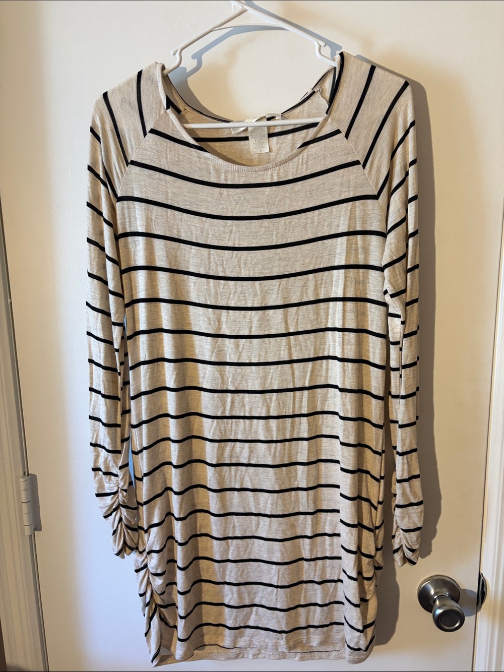 Striped Long-Sleeve Tee Dress in Cream & Black